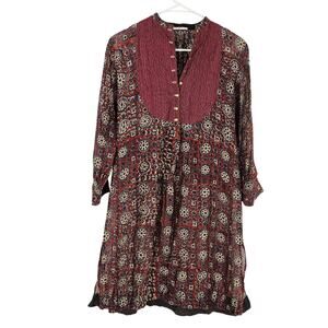 Pero Tunic Indian Dress Maroon Brown Button Front Long Sleeve Mini Size 38